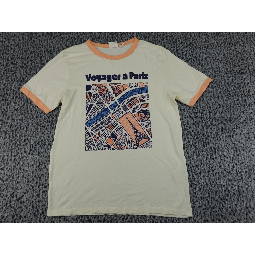 Joanie Ringer‎ T-Shirt Womens XS Cream Voyager à Paris Eiffel Tower Map Graphic